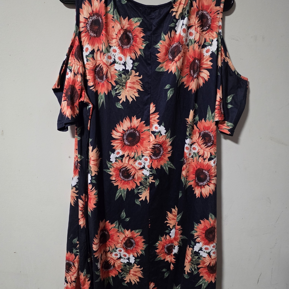 Navy Cold-Shoulder Sunflower Print Dress